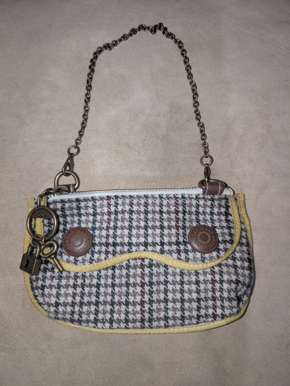 Vintage Tweed Chain-Handle Wristlet/Clutch With Yellow Trim